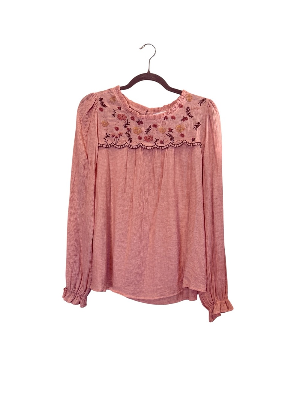 mine Women’s Rose Pink Cottagecore Boho Embroidered Blouse sz L